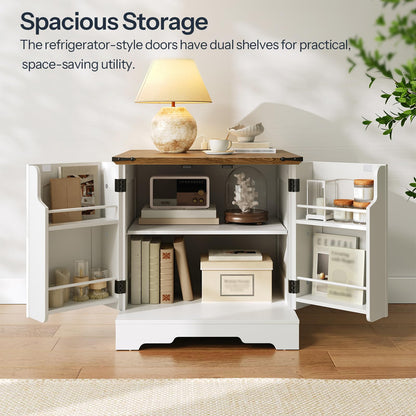 White storage cabinet with open doors displaying various items in a room setting.