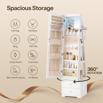 White jewelry armoire with 360-degree rotation feature, displaying various items on beige background.