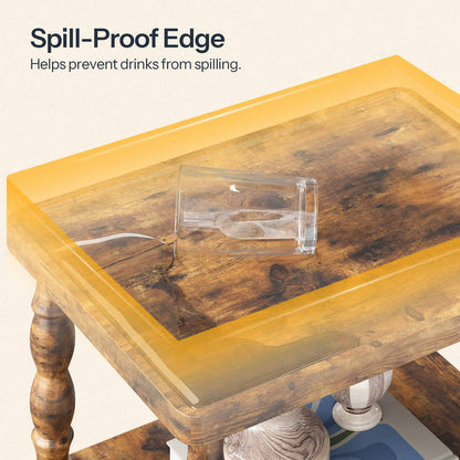 Close-up of the side table's top shelf featuring a spill-proof raised edge design to prevent items from falling or liquids from spilling.