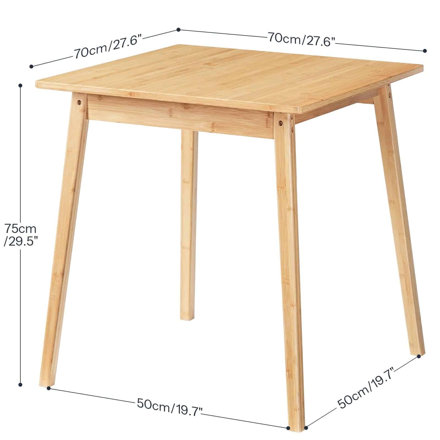 Detailed dimension chart of the square bamboo table showing 75cm height, 70cm width, and leg clearance.