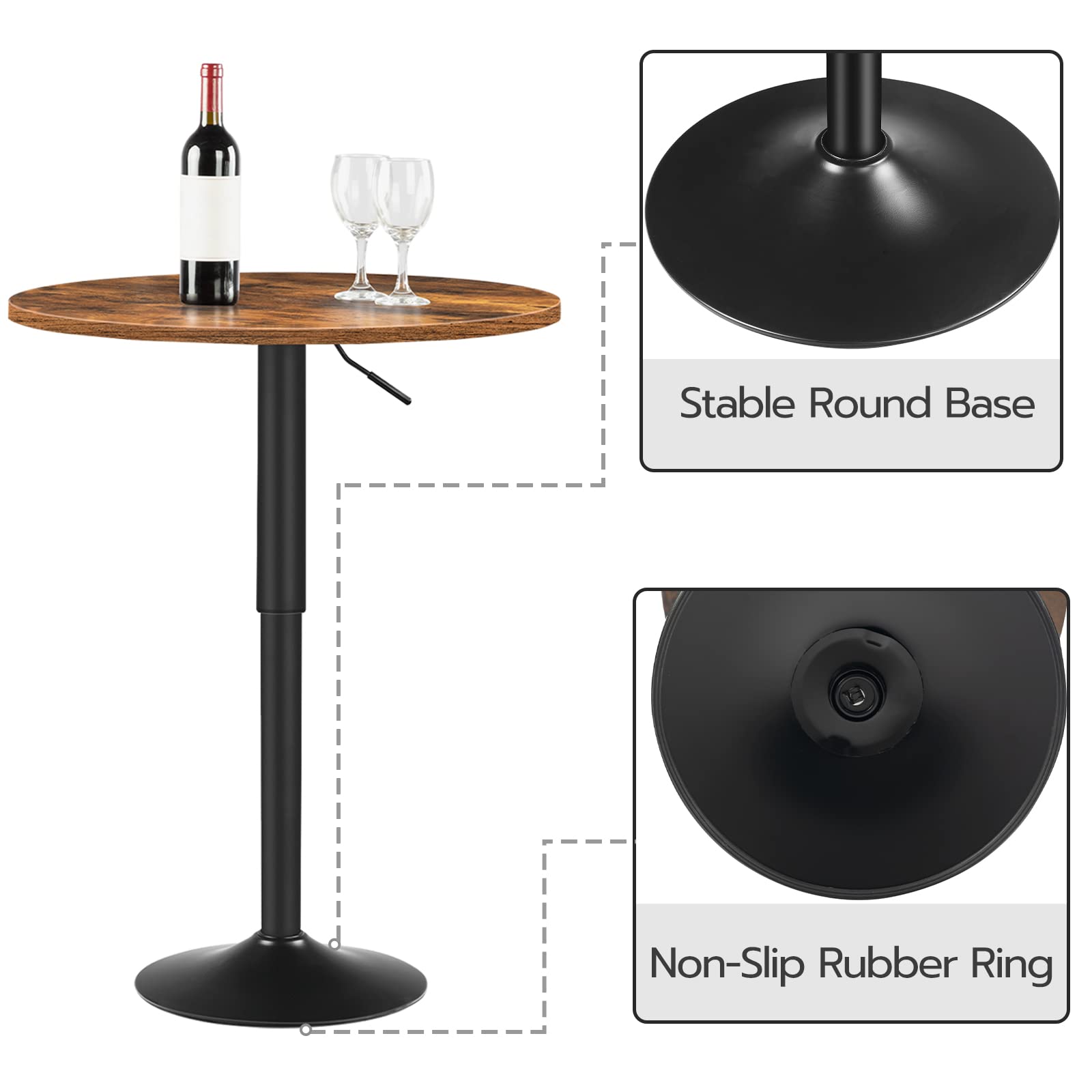 Technical diagram showing the stable round pedestal metal base and the built in non slip rubber ring floor protector.