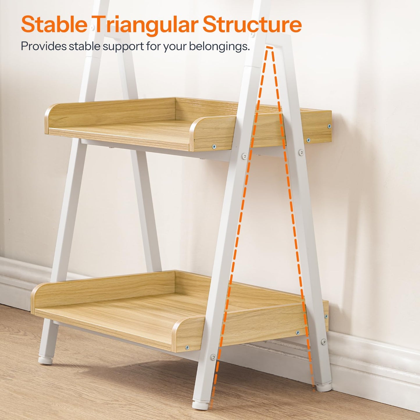 Wooden shelf with white legs and triangular structure support on a plain background