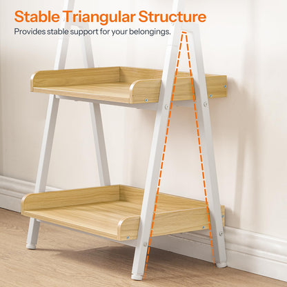 Wooden shelf with white legs and triangular structure support on a plain background