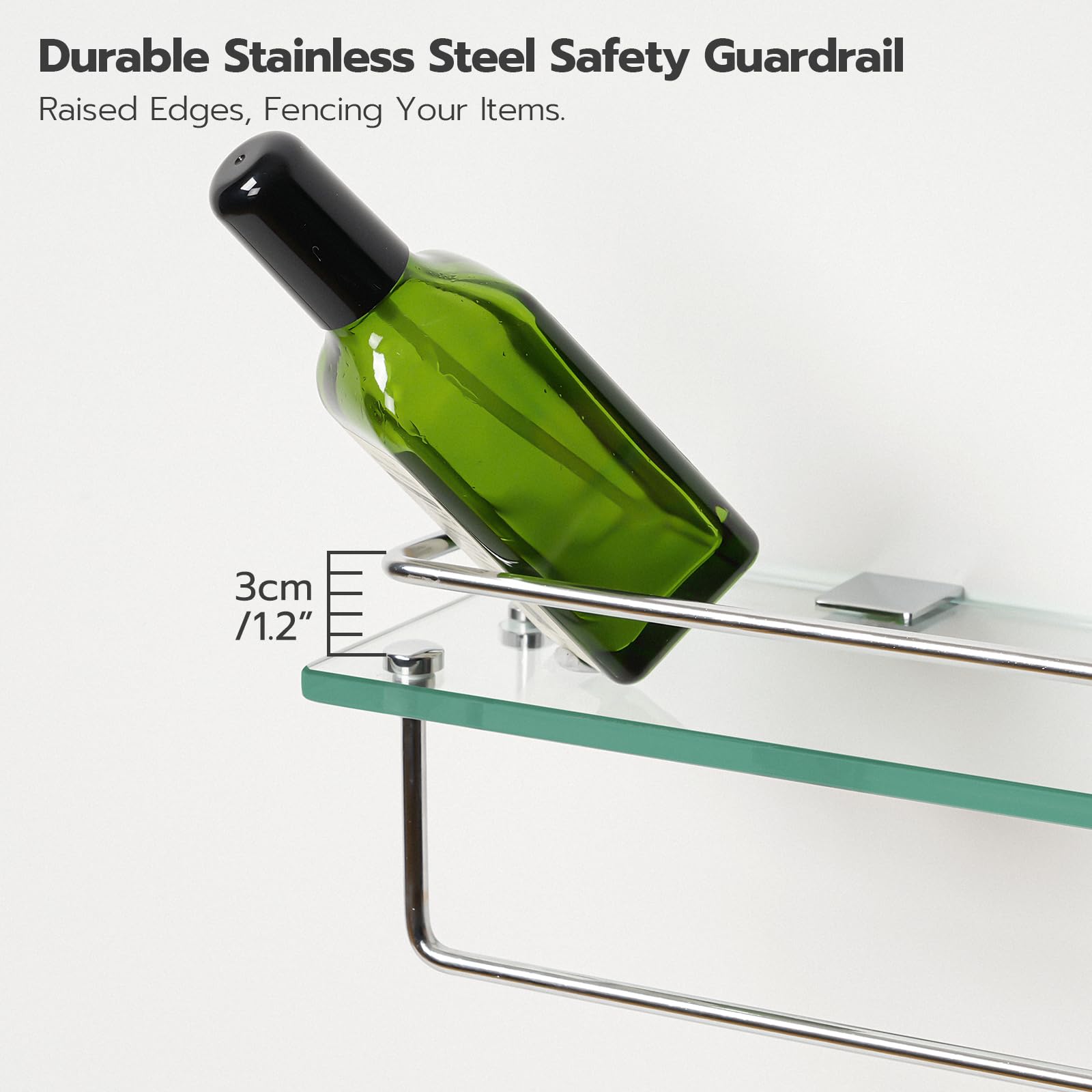 Glass shelf with safety guardrail holding a green bottle, text about durability and raised edges.