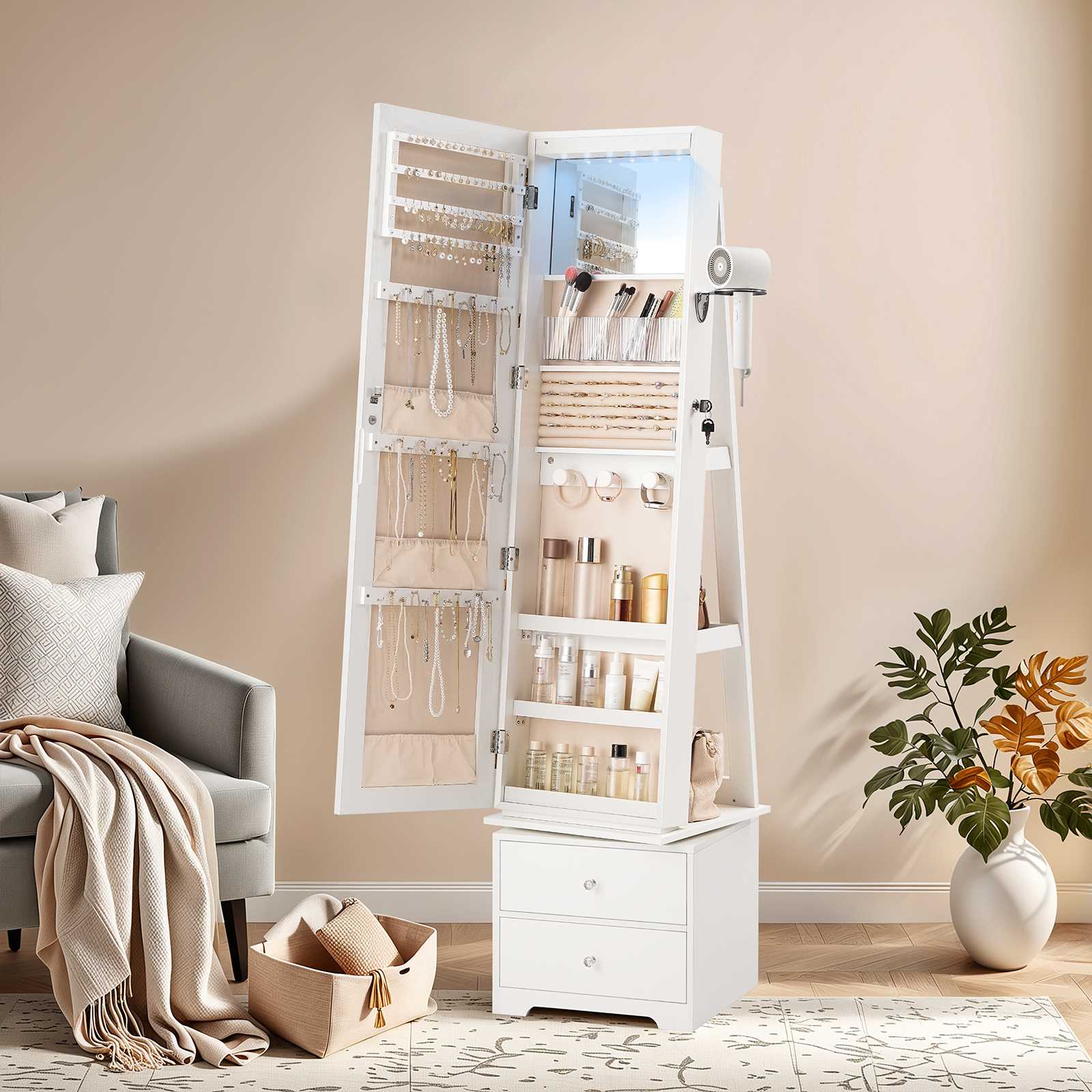Beautiful room setup showcasing the standing white jewelry cabinet wide open, fully loaded with lipsticks, rings, and necklaces.