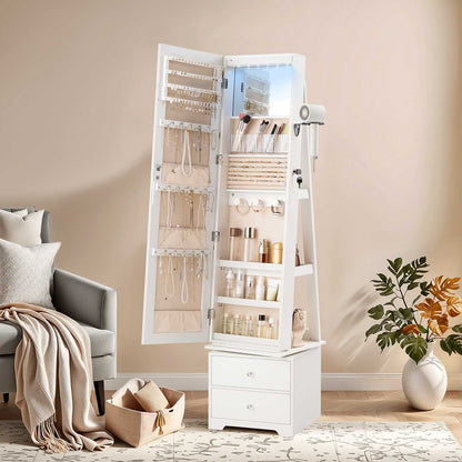 Beautiful room setup showcasing the standing white jewelry cabinet wide open, fully loaded with lipsticks, rings, and necklaces.