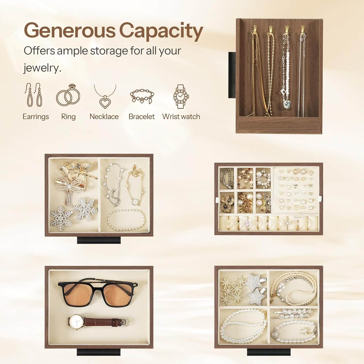 Jewelry organizer with various compartments displaying earrings, rings, necklaces, bracelets, and watches.