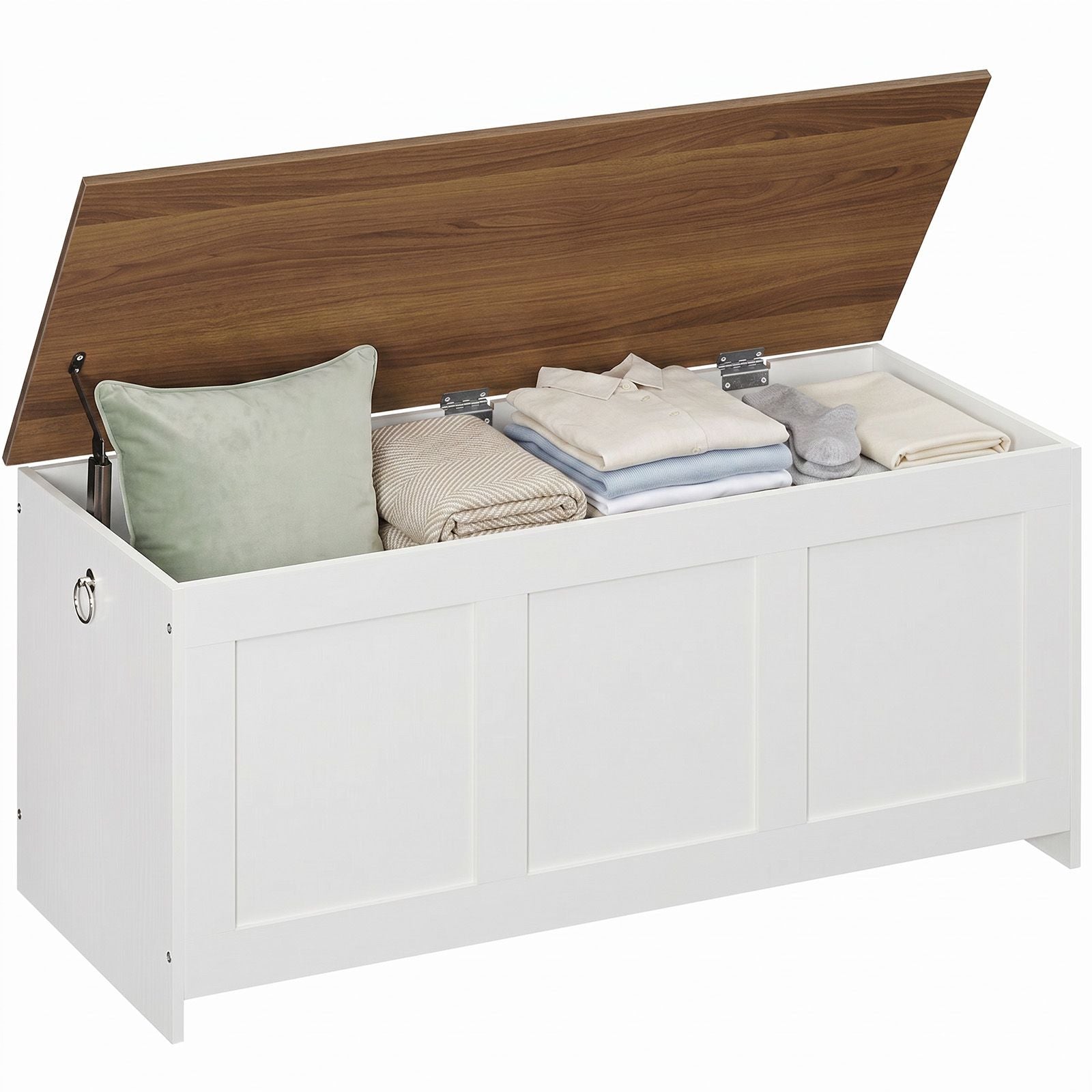 Large white wooden storage chest bench with a flip-top brown lid open, loaded with blankets, pillows, and folded winter clothes.