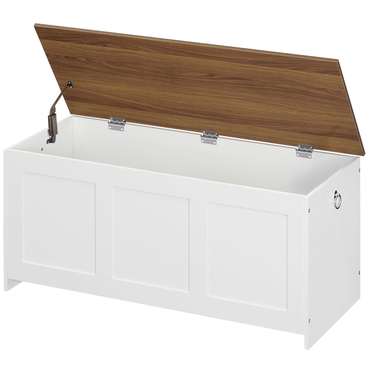 Studio clean white background front shot of an empty white storage trunk highlighting its safety pneumatic hinges and vintage metal side handles.