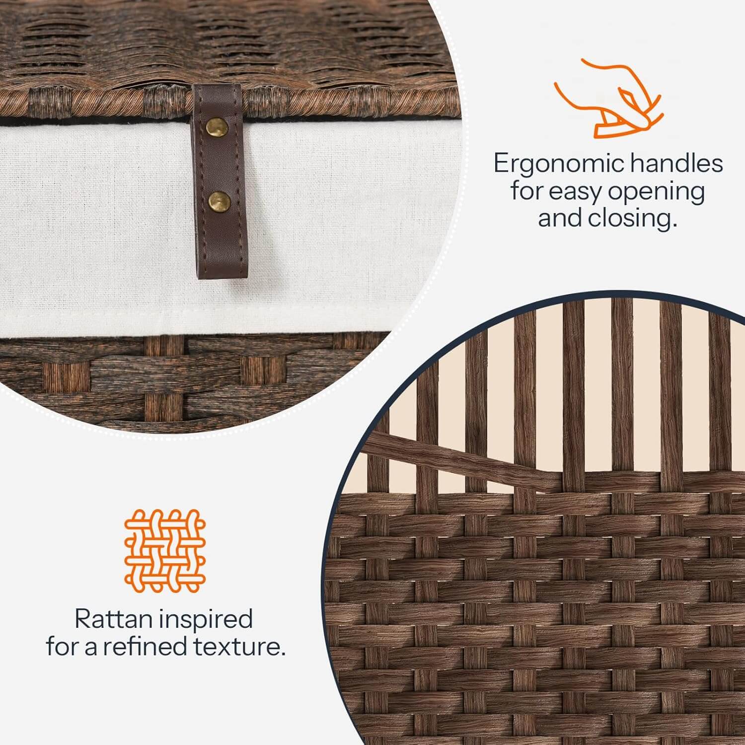 Close-up of a woven bag with ergonomic handles and rattan-inspired texture.