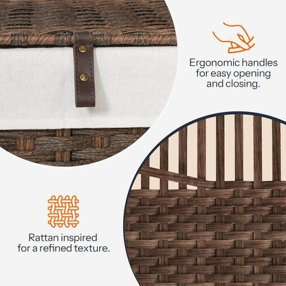 Close-up of a woven bag with ergonomic handles and rattan-inspired texture.