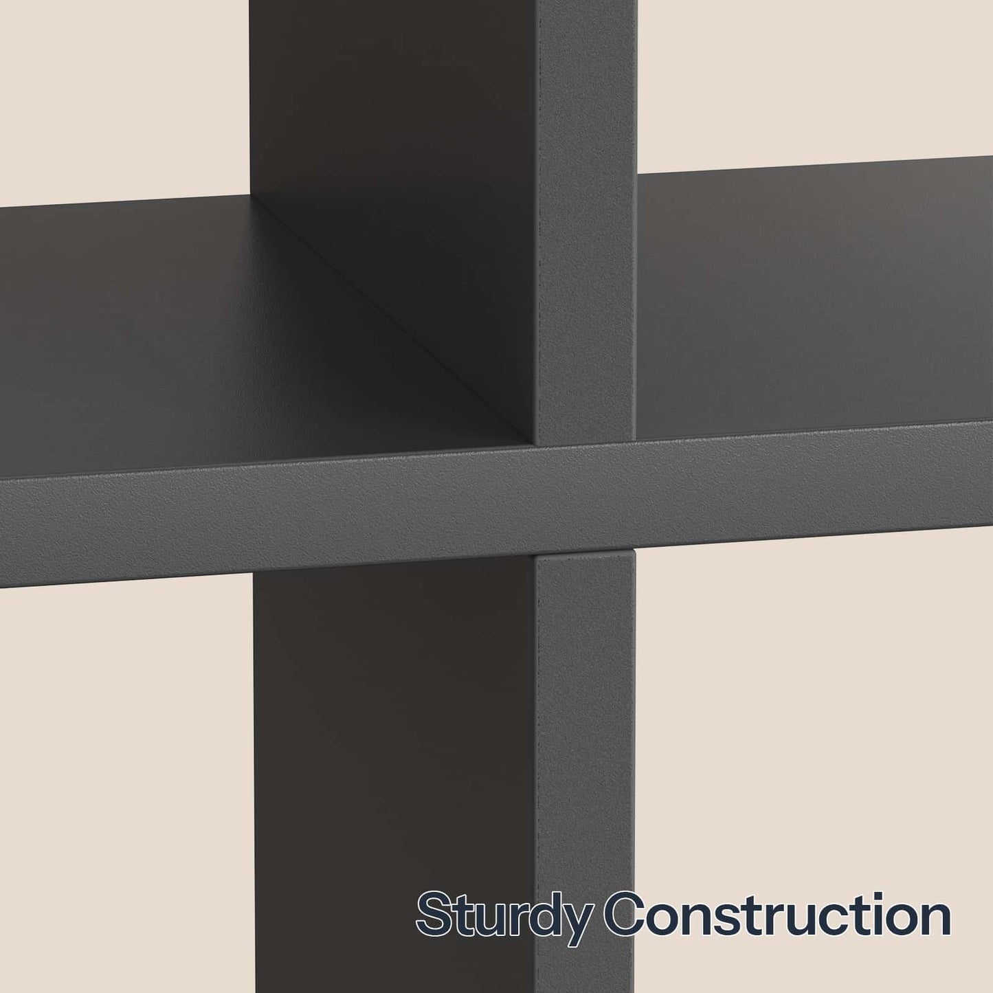 Close-up shot highlighting the sturdy cross interlocking construction and seamless joints of the black shelf.