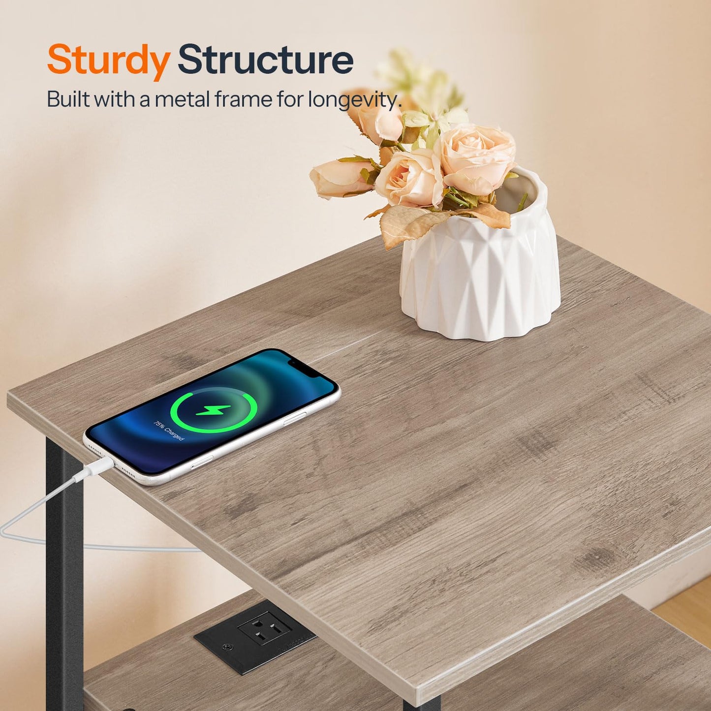 Sturdy grey wood finish end tabletop surface close-up powering a smartphone