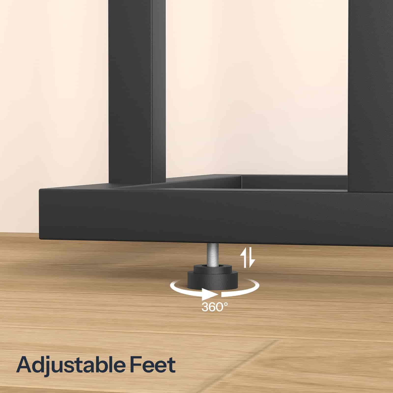 Adjustable feet of a piece of furniture on a wooden floor with a neutral background