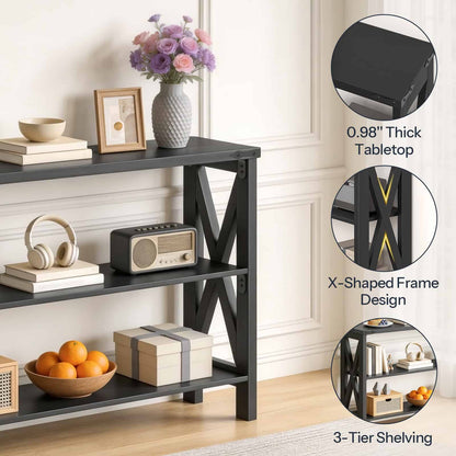 Product features highlight collage showing the slim table top texture, robust X-shaped side frame, and 3-tier open shelving.