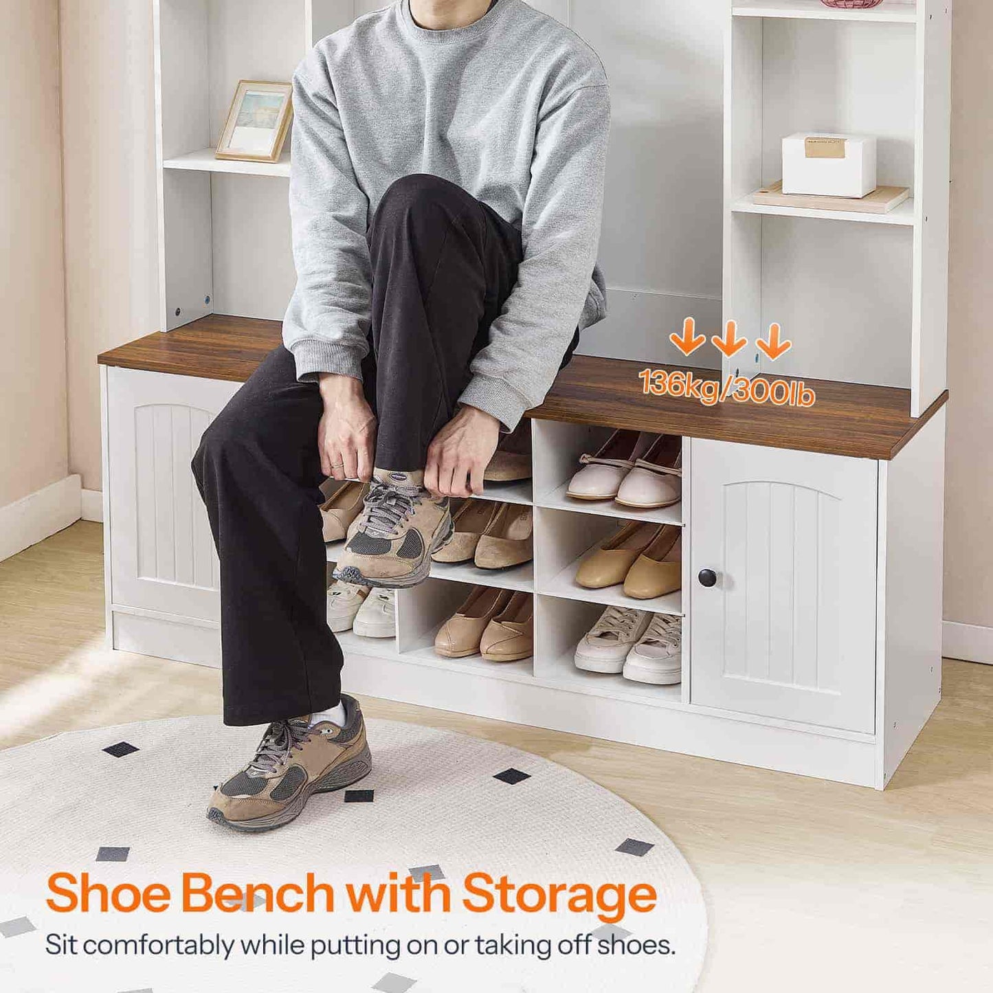Person sitting on a shoe bench with storage, showing capacity with shoes.