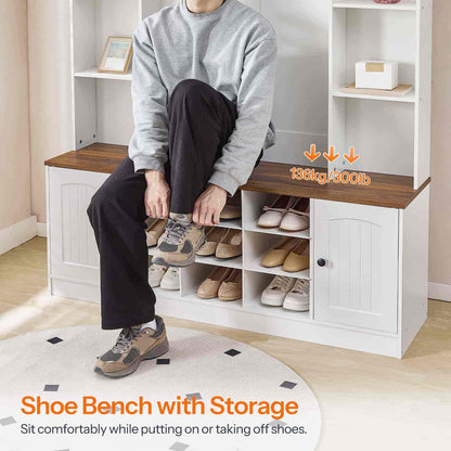 Person sitting on a shoe bench with storage, showing capacity with shoes.