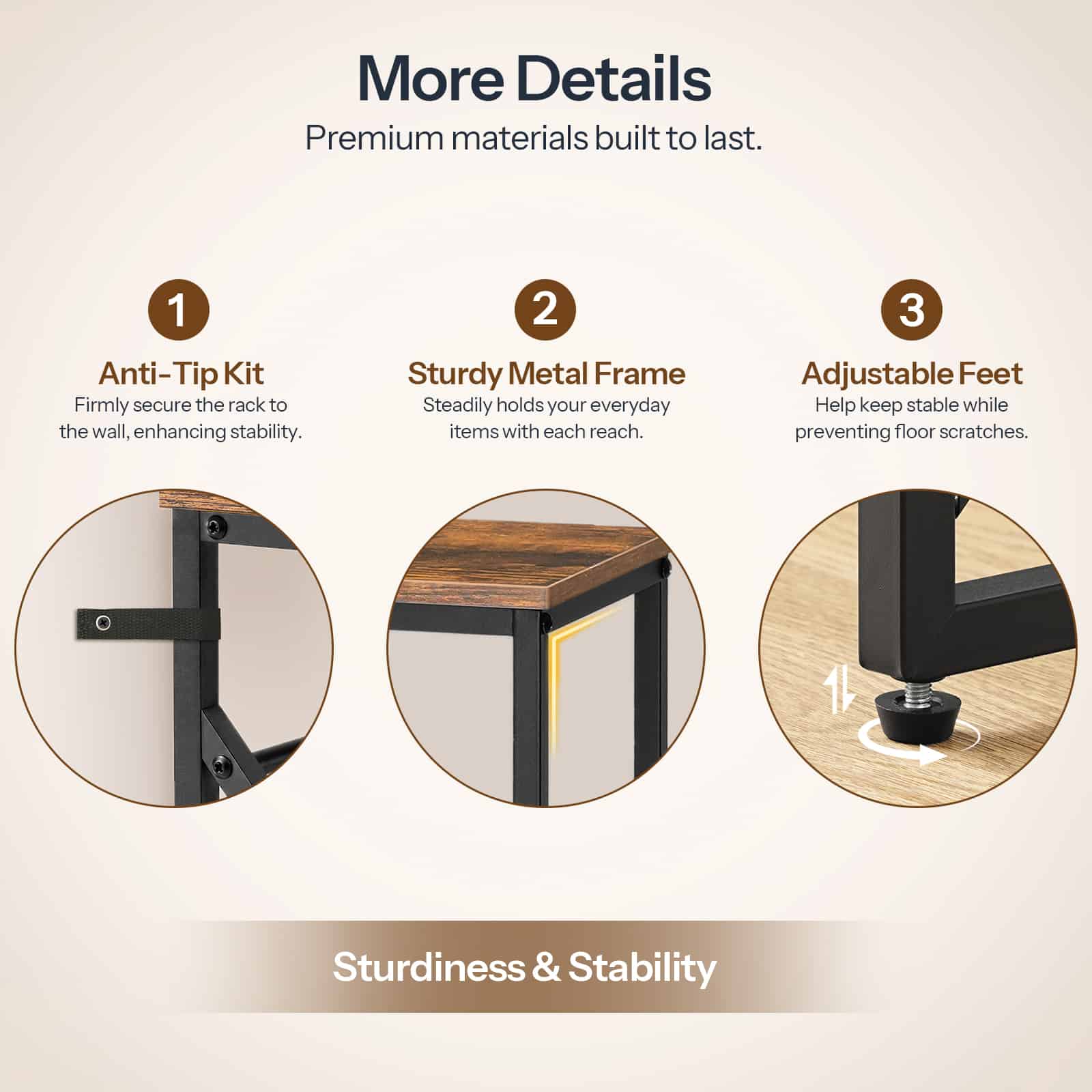 Detail breakdown showcasing the rounded corners, heavy-duty metal joints, and height-adjustable leveling feet.