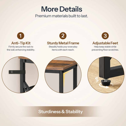 Detail breakdown showcasing the rounded corners, heavy-duty metal joints, and height-adjustable leveling feet.