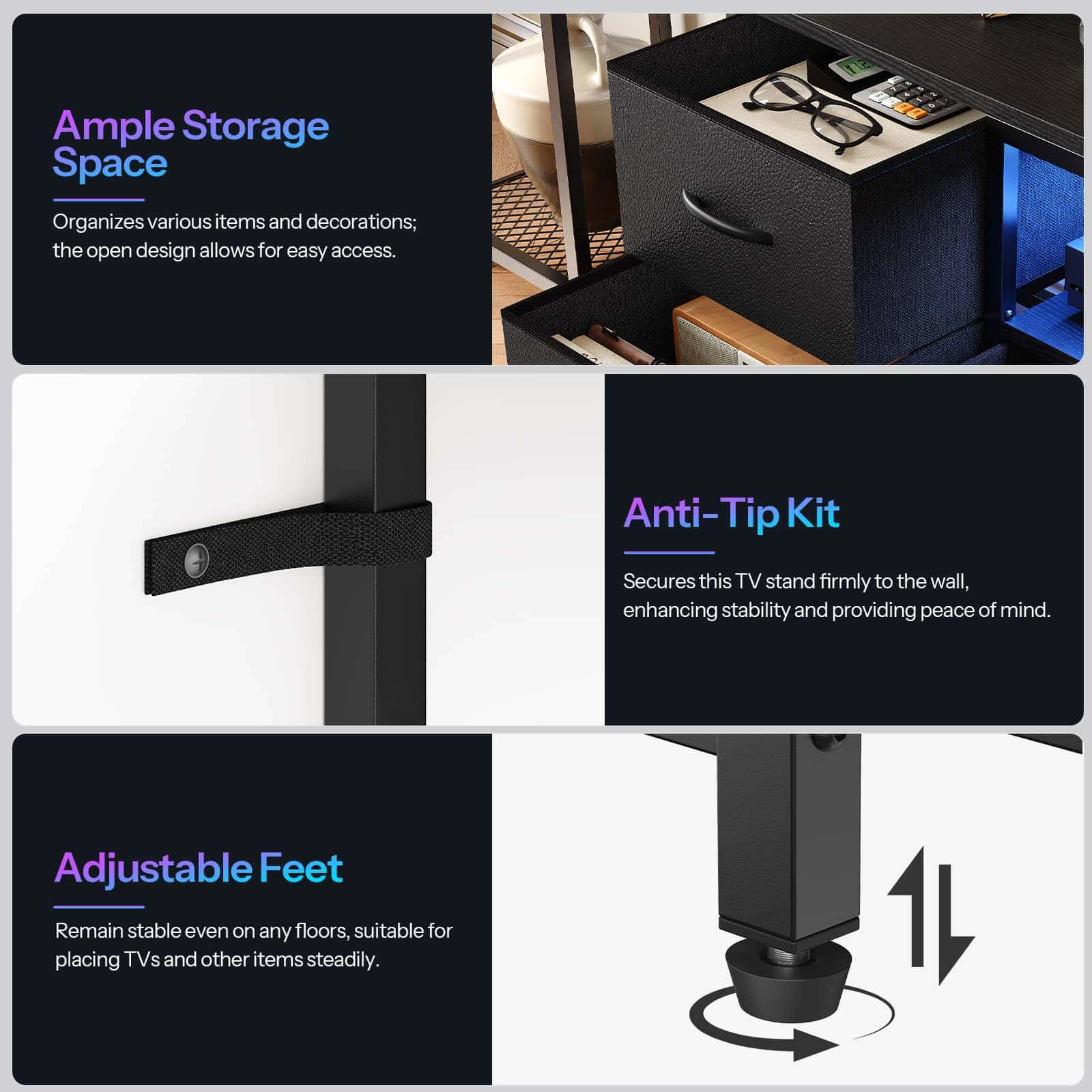A three-panel product feature collage for a black TV stand. The top panel shows the open drawer storage area with a TV and accessories inside.