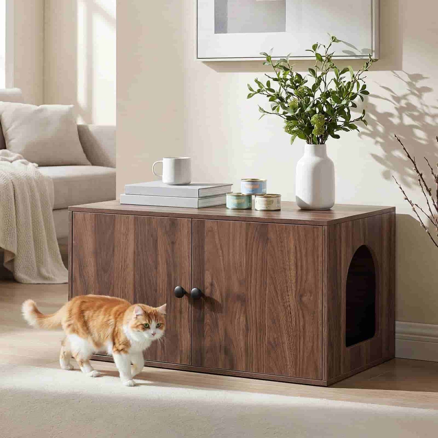 Modern walnut cat washroom bench decorated with a vase, with a ginger cat walking past in a cozy home.
