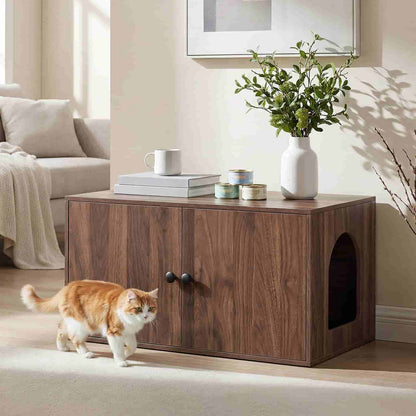 Modern walnut cat washroom bench decorated with a vase, with a ginger cat walking past in a cozy home.