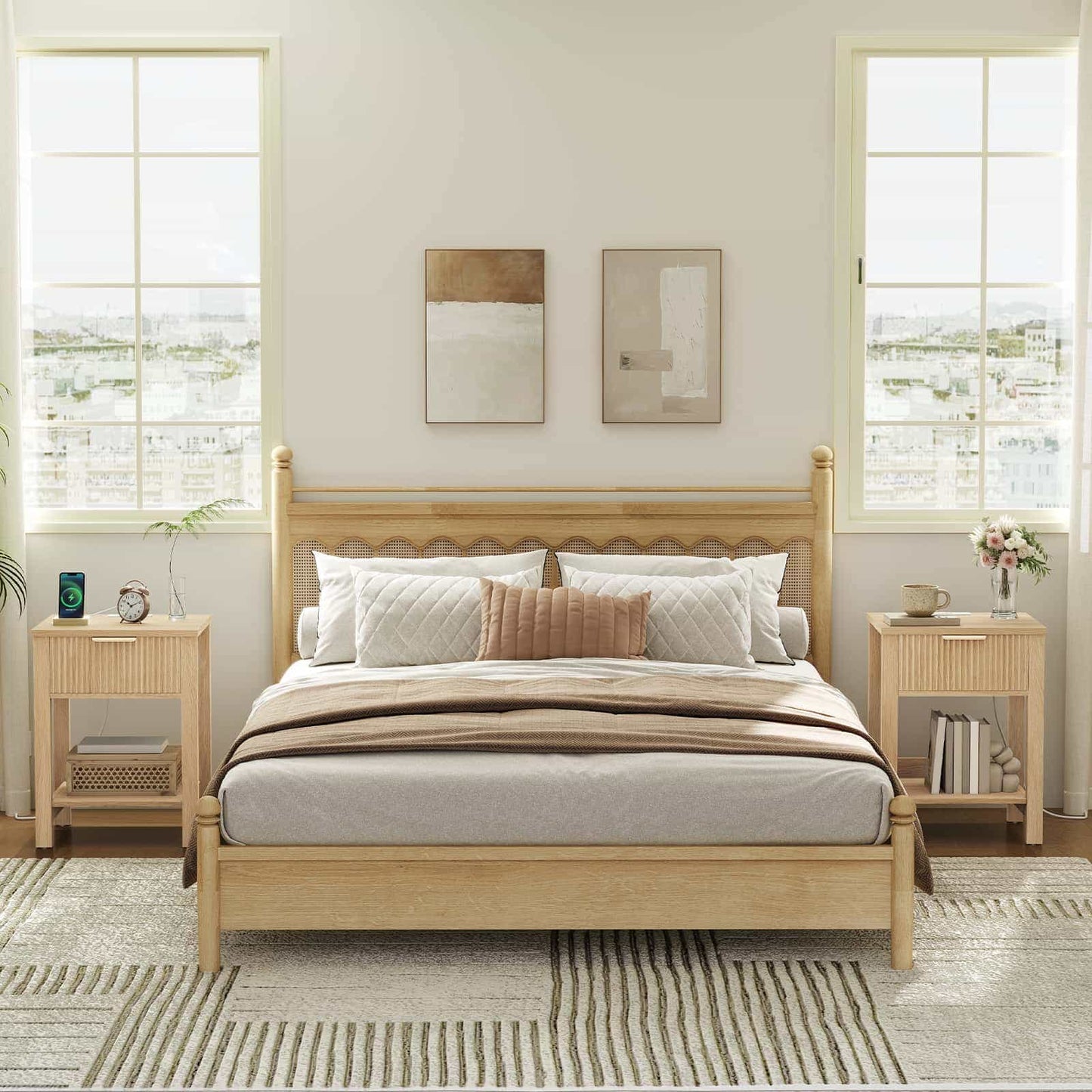 Wooden bed with bedding in a bright bedroom with large windows.