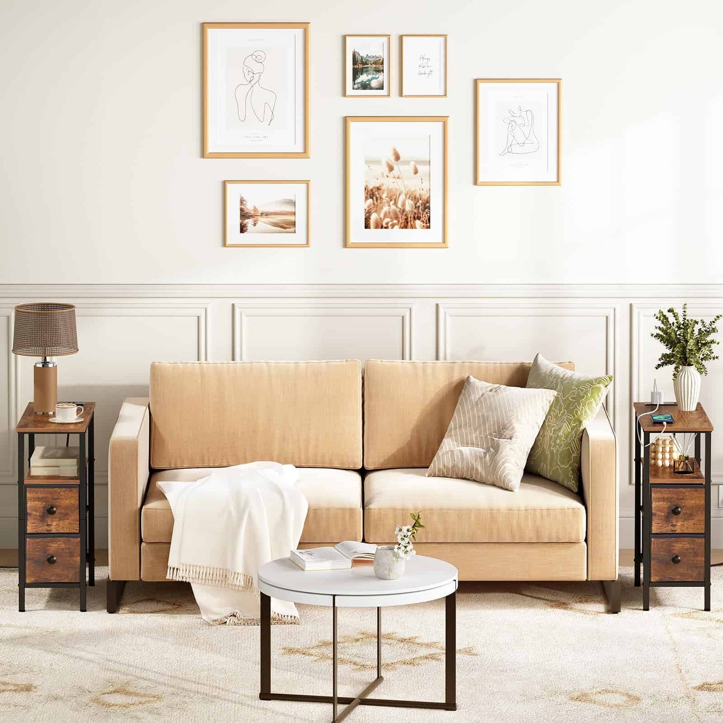 Modern living room interior setup featuring two narrow couch side tables positioned symmetrically on the left and right sides of a beige fabric sofa.
