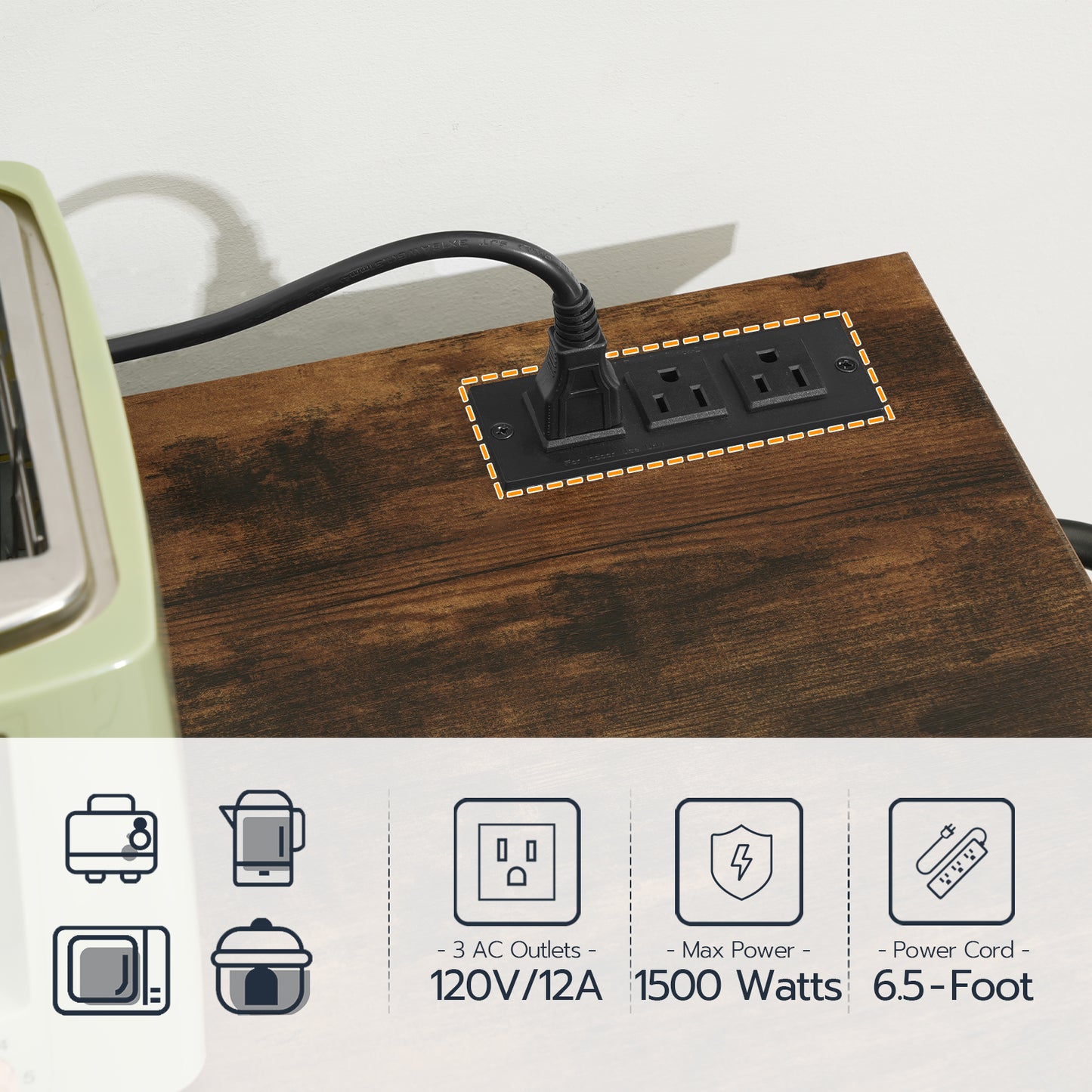 Close up of the embedded tabletop charging station showing 1500W maximum output power outlets and USB ports.