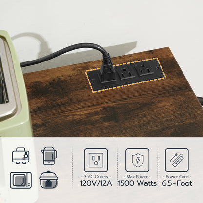 Close up of the embedded tabletop charging station showing 1500W maximum output power outlets and USB ports.