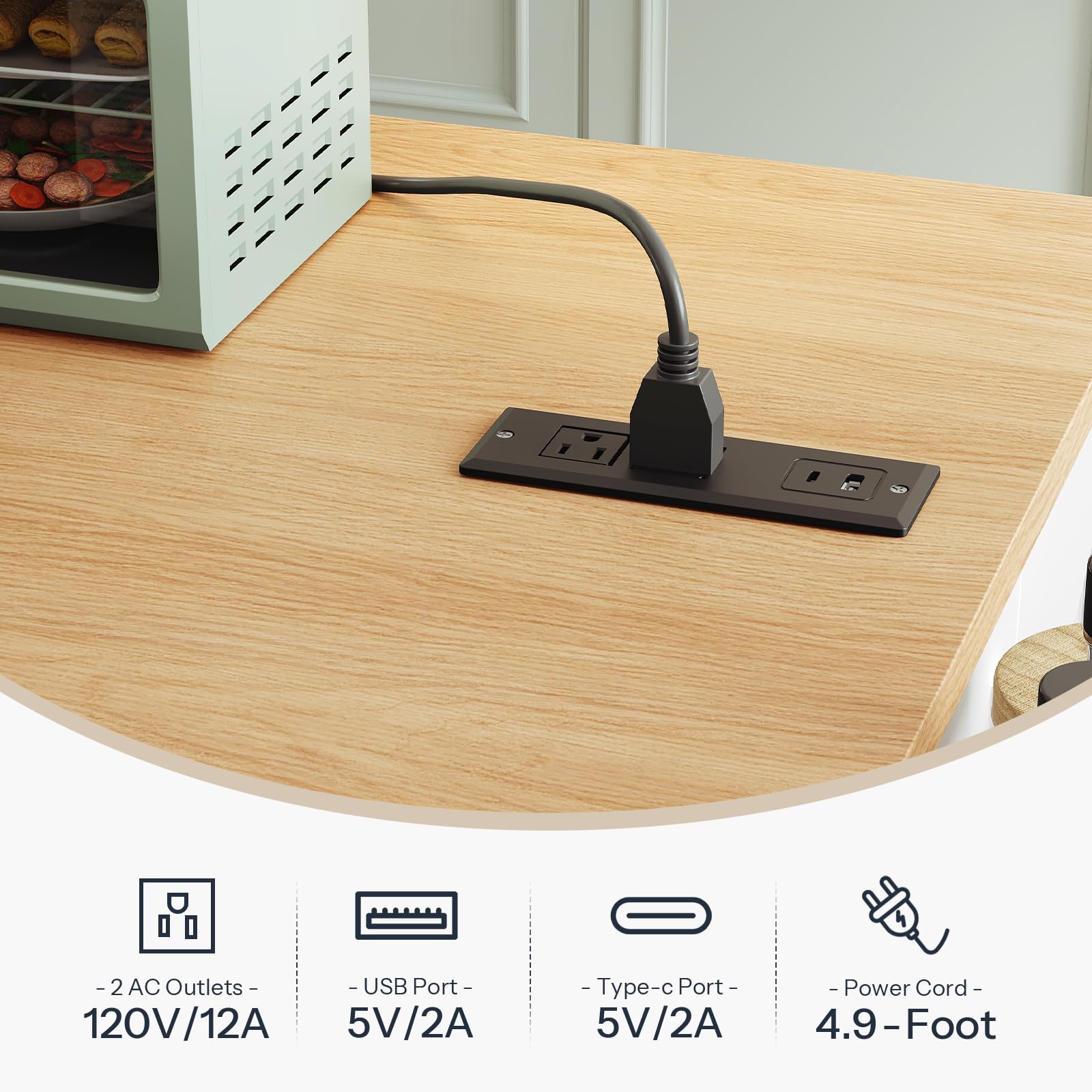 Close up of the embedded tabletop charging station showing AC outlets, USB ports, and a 4.9 foot flexible power cord.