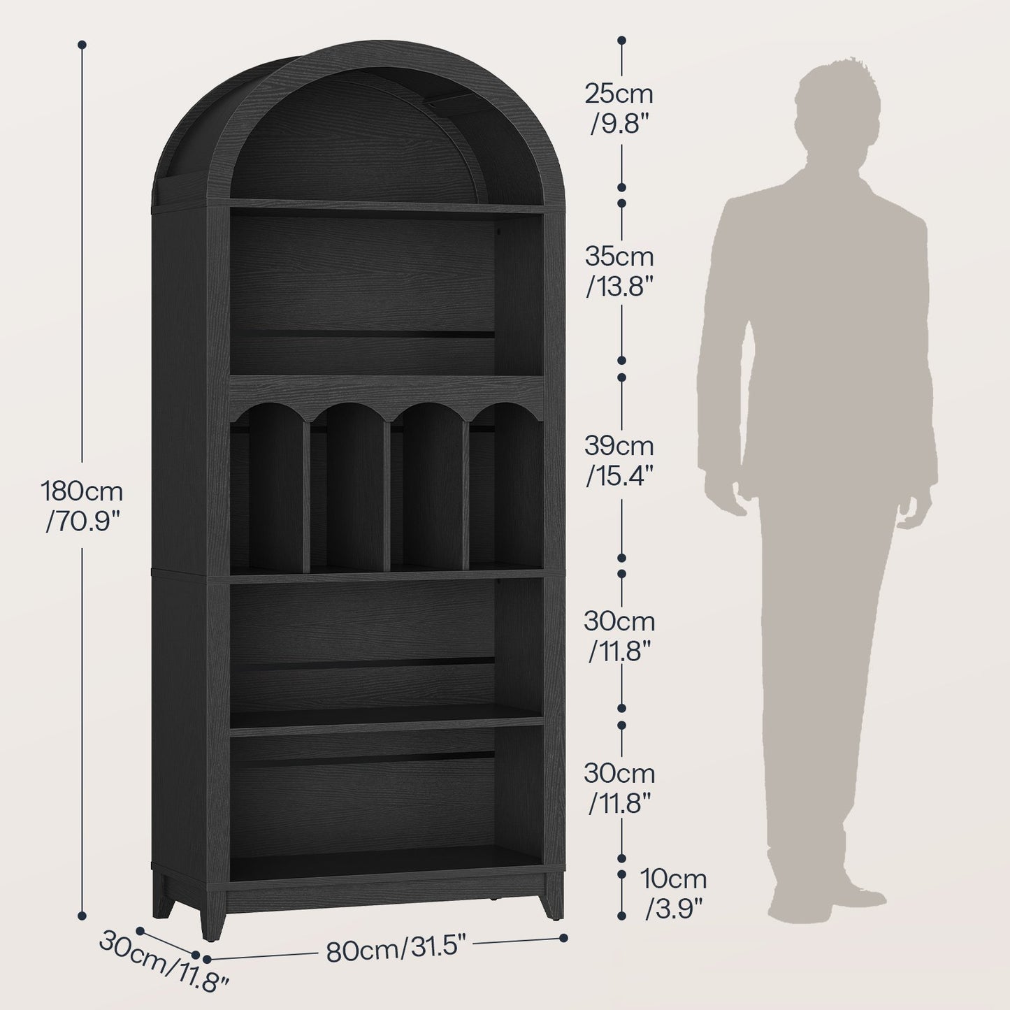 Detailed product dimension chart showing exact height, width, and shelf depth of the tall black bookcase with a human height comparison silhouette.