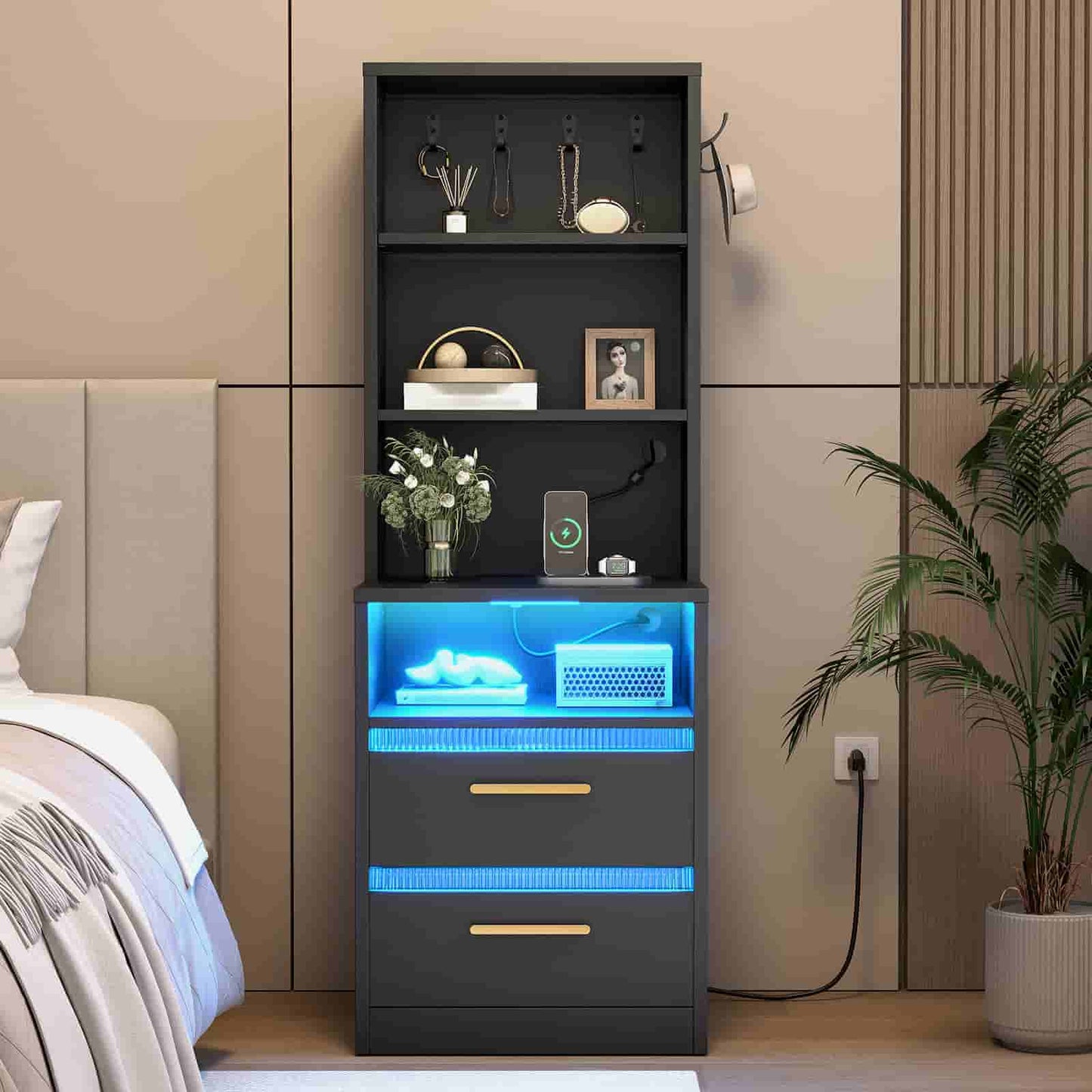 Modern tall black nightstand with 3-tier hutch shelves and vibrant blue LED lights in a contemporary bedroom.