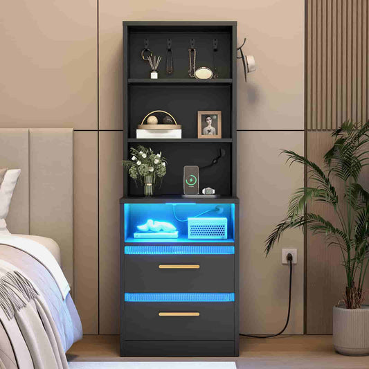 Modern tall black nightstand with 3-tier hutch shelves and vibrant blue LED lights in a contemporary bedroom.