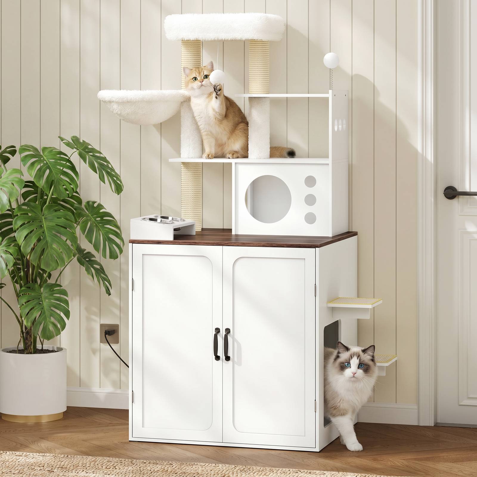 Tall white wooden cat tree condo and litter box enclosure styled in a room with a cat passing through the side entrance.