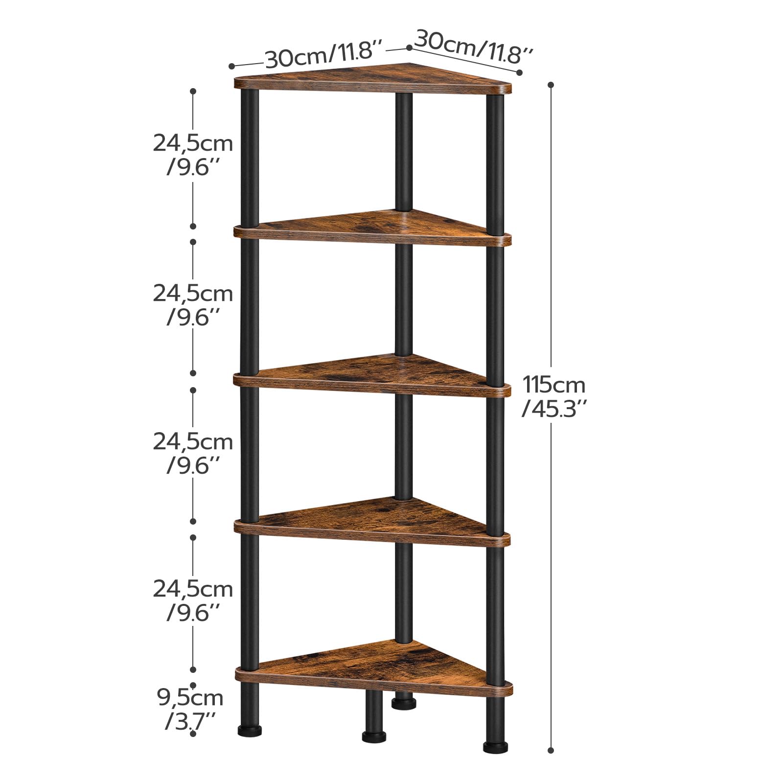 Size dimensions chart for the tall corner bookshelf measuring 11.8 by 11.8 by 45.3 inches.