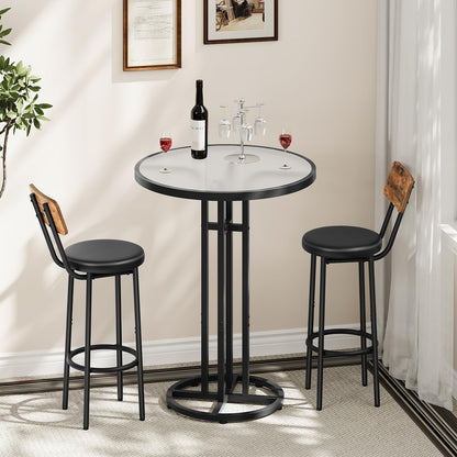 HOOBRO tall narrow glass bistro table paired with two industrial wood seat bar stools in a bright living room.