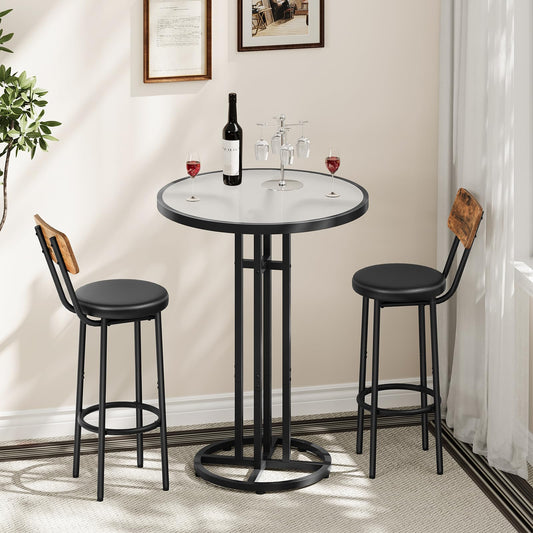 HOOBRO tall narrow glass bistro table paired with two industrial wood seat bar stools in a bright living room.