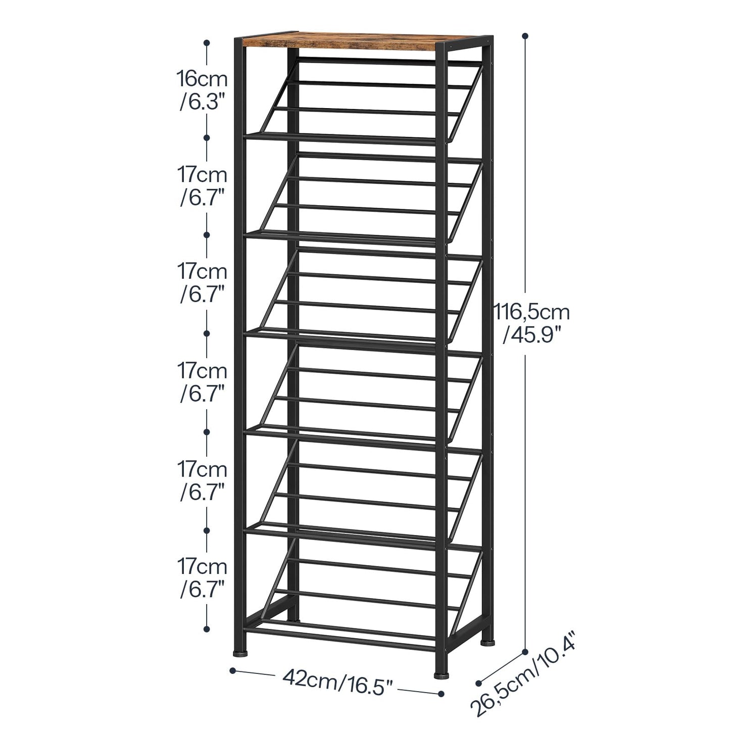 Detailed size chart for the tall narrow shoe rack measuring 16.5 inches wide and 45.9 inches high.