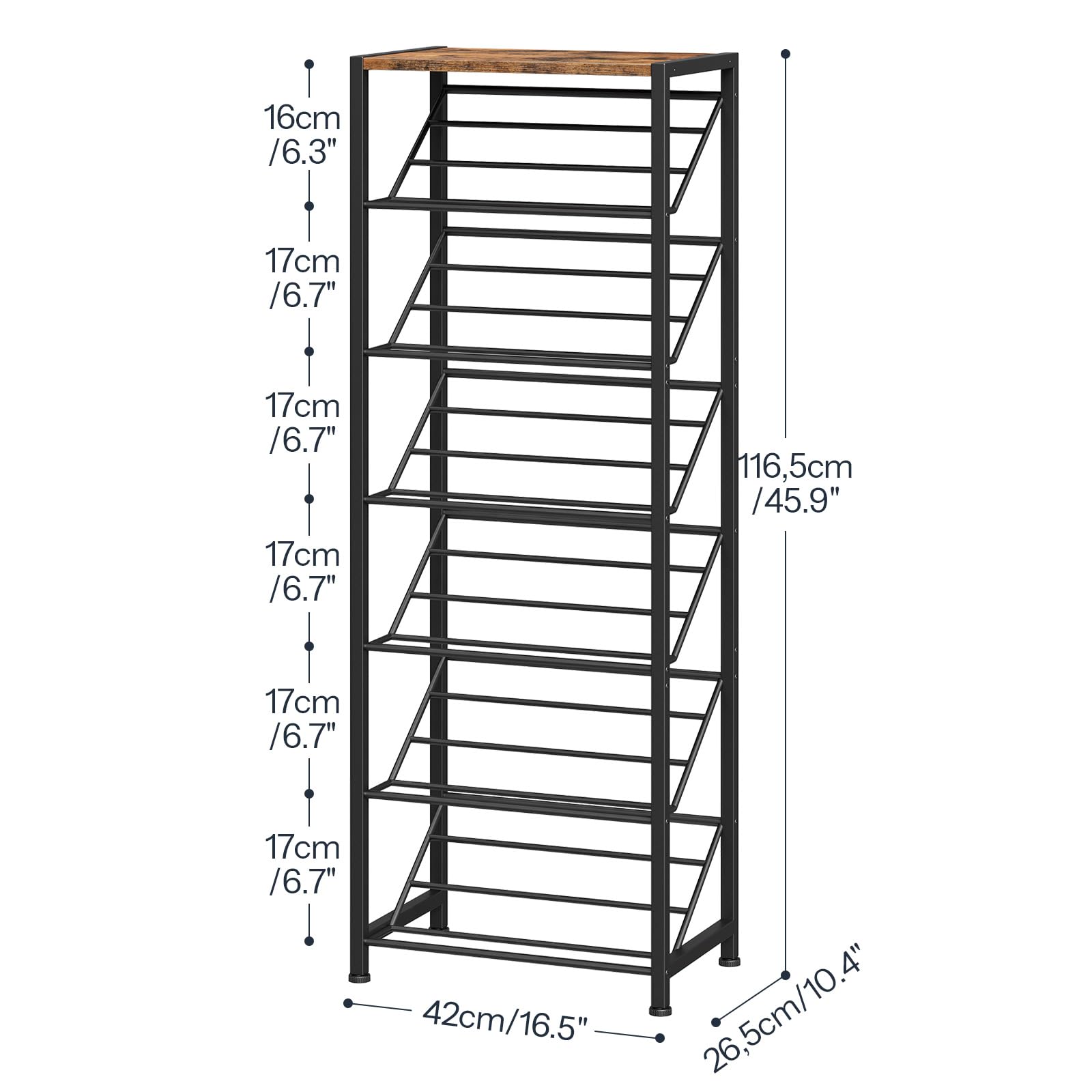 Detailed size chart for the tall narrow shoe rack measuring 16.5 inches wide and 45.9 inches high.