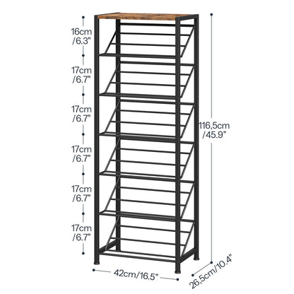 Detailed size chart for the tall narrow shoe rack measuring 16.5 inches wide and 45.9 inches high.