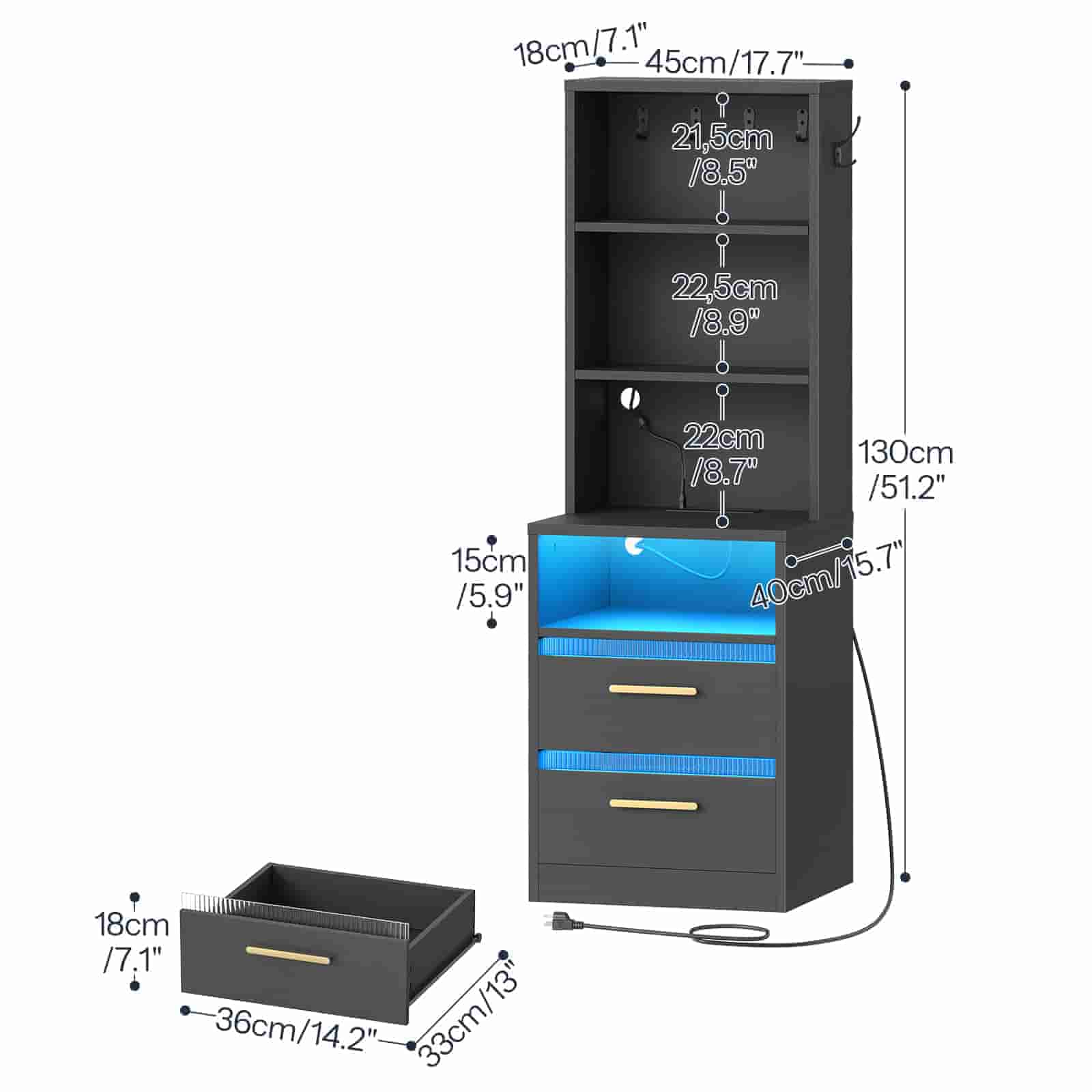 Detailed dimension chart of the tall black nightstand showing the total height, width, and individual drawer depth.