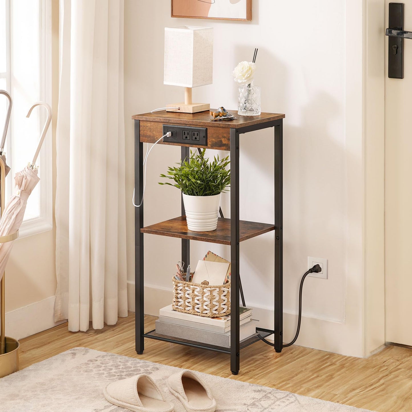 Tall telephone table and plant stand plugged into a wall outlet in a hallway corner.