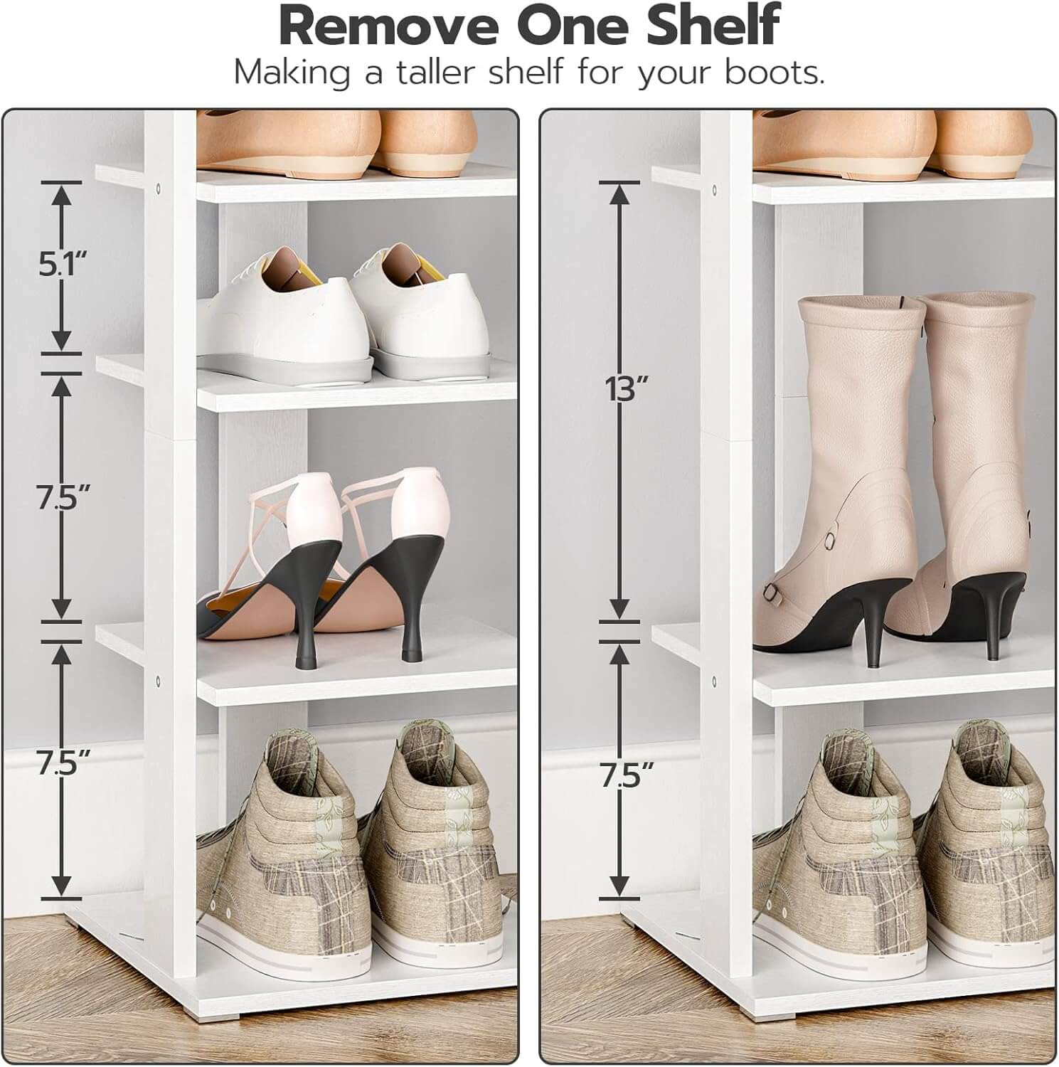 White shoe rack with adjustable shelves showing different shoe heights and measurements.