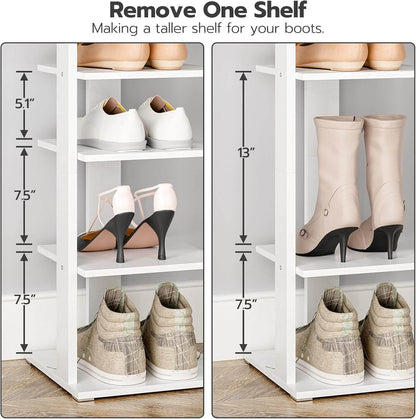 White shoe rack with adjustable shelves showing different shoe heights and measurements.