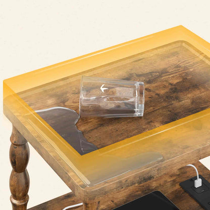  Close-up of the vintage side table's top shelf featuring a durable tempered glass insert and smooth protective raised borders.