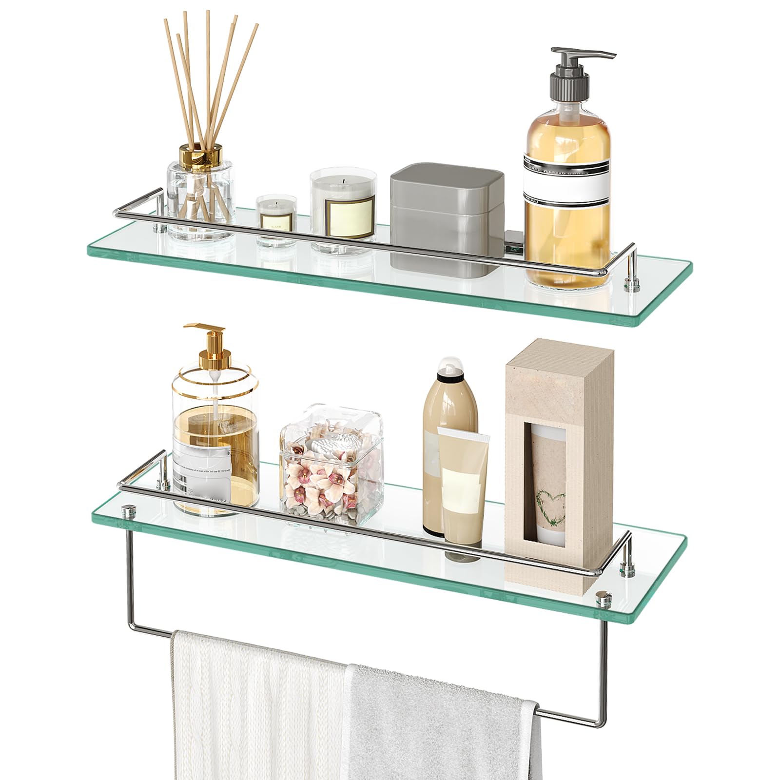 Glass shelves with bathroom products on a white background