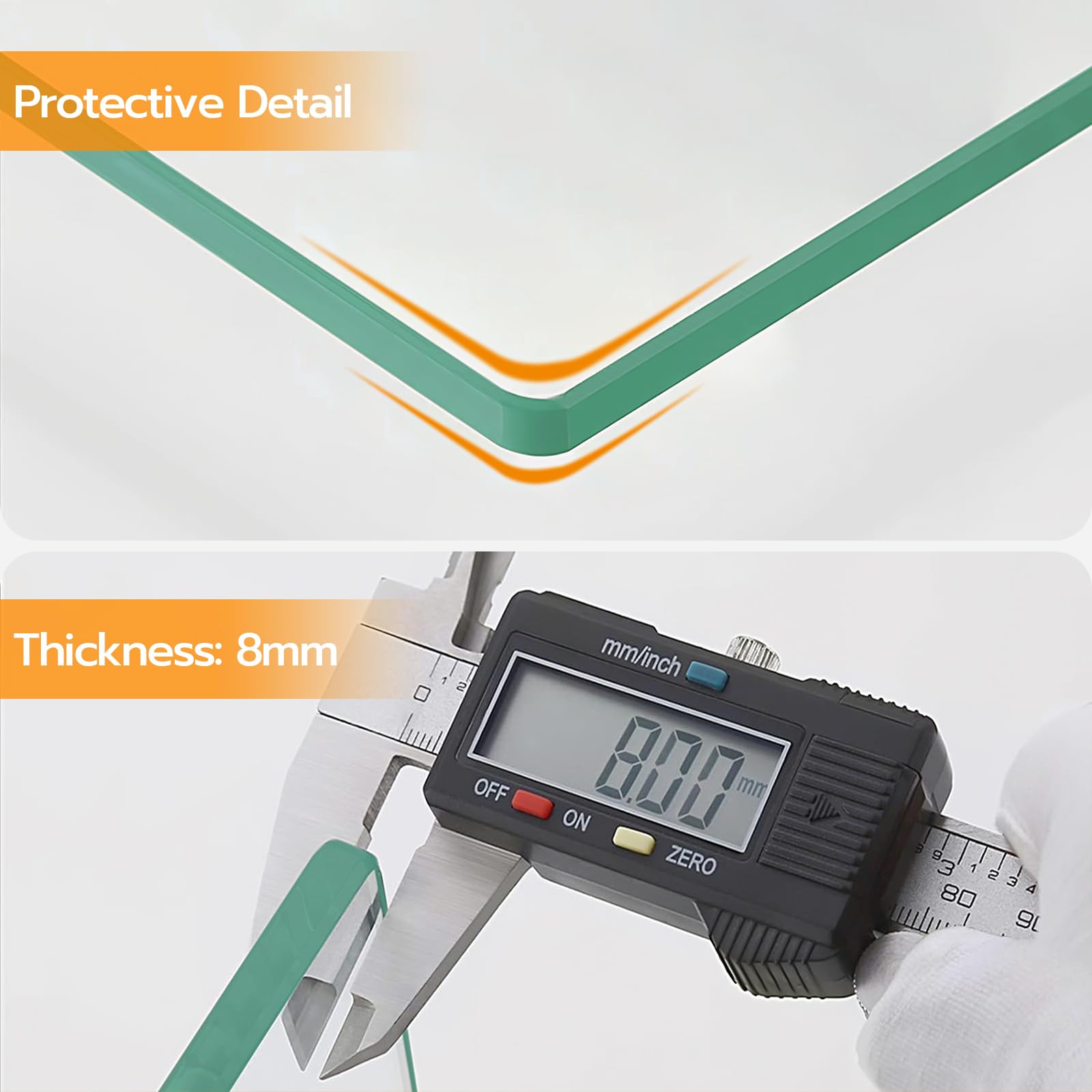 Digital caliper measuring thickness with a white background