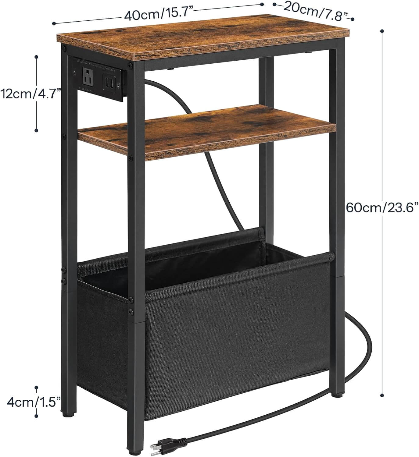 Small table with wooden top and black metal frame, featuring dimensions on a white background.
