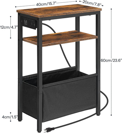 Small table with wooden top and black metal frame, featuring dimensions on a white background.